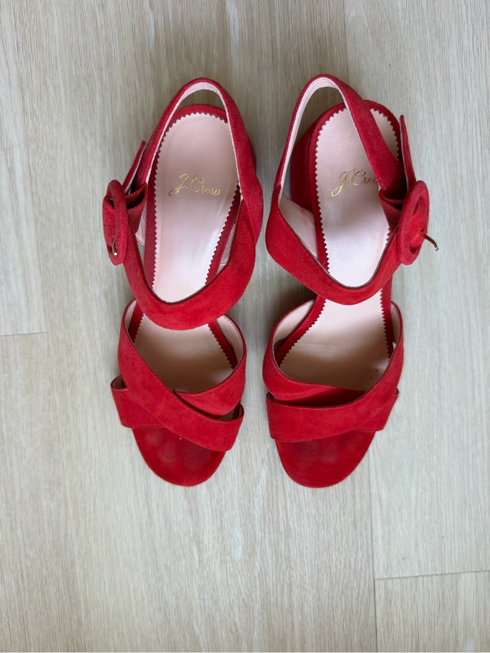 J. Crew Red Suede Cross-Strap chunky Heels